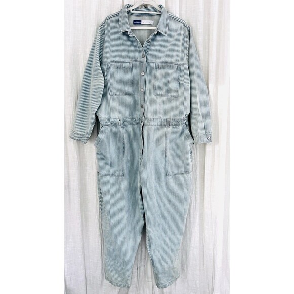 NWT Old Navy Cami Blue & White Railroad Stripe 100% Cotton Jean Jumpsuit Plus 3X - Picture 3 of 14